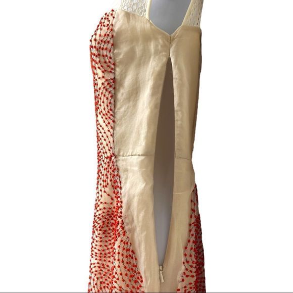 Anthropologie WESTON Illusion Semi Sheer Embroidered Midi Dress Cream Red XS - Picture 6 of 14